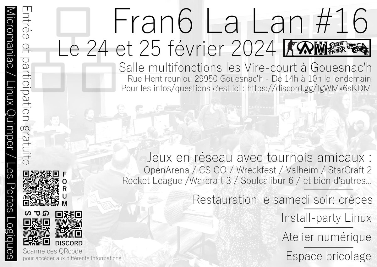 arnaudyonnet's tweet photo. fran6 La lan #16, une LAN a l'ancienne, tu poses ton pc et tu joues pour le fun. C'est du #freeplay et la cerise sur le gâteau, il y a une #installparty en parallèle ^^ pour pouvoir repartir avec unn#gnu/linux . L'event à lieu #benobet et #quimper dans le #finistere sud. https://t.co/U78mL84qQl