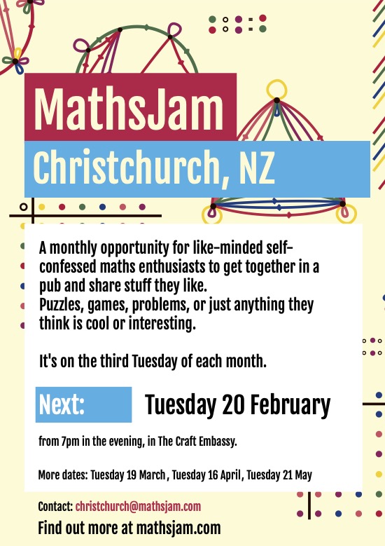 Next Tuesday 20th February is our monthly #MathsJam date. Come along to solve puzzles and do recreational mathematics in a pub with other cool maths people. 

Come find us from 7pm at the Craft Embassy on Oxford Tce. All welcome.