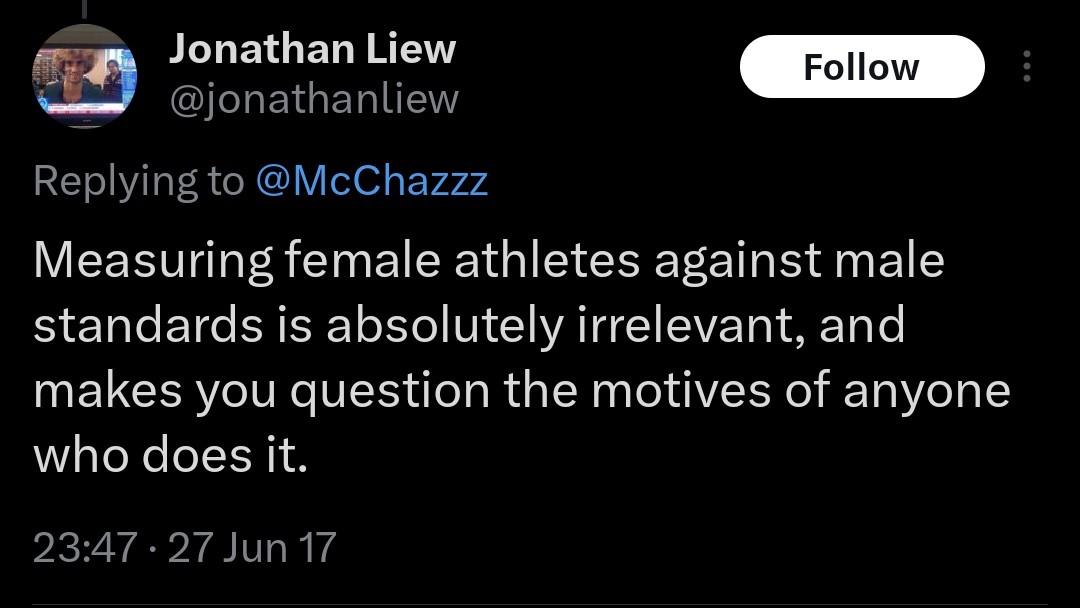 But sure, it's a 'right wing think tank' Nothing to do with female runners wanting to be measured against female standards. What happened to the @jonathanliew of 2017? Is he dating a transwoman or something? How does someone lose their clarity of thought so spectacularly?