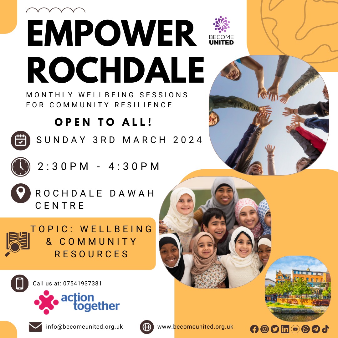 🌟 Exciting News! 🌟

Join us for the kickoff of 'Empower Rochdale' on 03/03/24! 🎉

📍 Venue: Rochdale Dawah Centre
🕑 Time: 2:30 PM - 4:30 PM

@WeActTogether

#EmpowerRochdale #CommunityResilience #WellbeingJourney 🌳