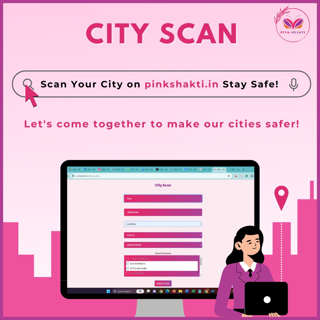 Introducing a revolutionary tool at #PinkShakti – the City Scan feature! Dive into pinkshakti.in, log in, hit the City Scan tab, fill in details, choose a concern from the list, and voila! Your city scan is submitted. Join us in shaping safer communities! #CityScan