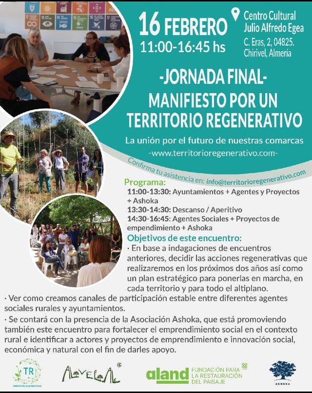 MAÑANA día 16 de Febrero Aland, con la colaboración de @AlVelAl_4R, va a desarrollar la 'Jornada por un Territorio Regenerativo' en Chirivel. Este proyecto se inició hace 2 años con la redacción participada del Manifiesto por un Territorio Regenerativo