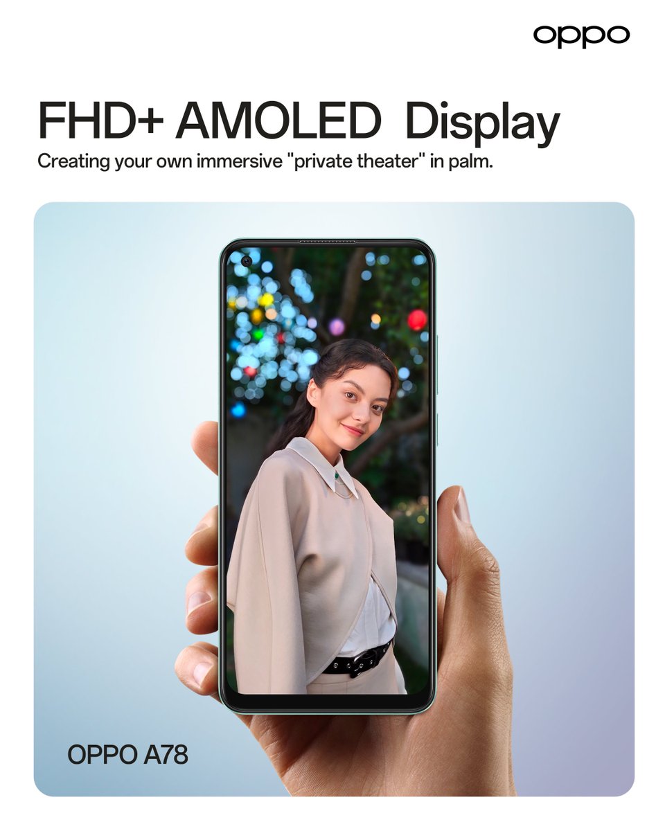 OPPOPakistan's tweet image. Dive into a world of vivid visuals with the OPPO A78! 📷 Immerse yourself in the brilliance of its FHD+ AMOLED display with a silky smooth 90Hz refresh rate. Elevate your viewing experience to new heights! 📷 #OPPOA78