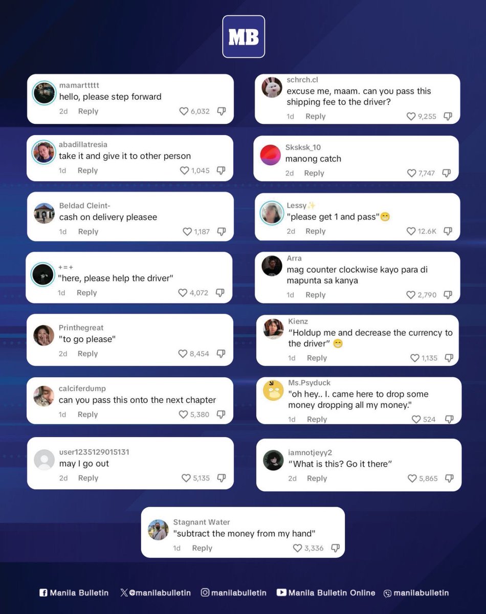 manilabulletin's tweet photo. 'CAN YOU ANO...' 😂

LOOK: Netizens had a good laugh over this TikTok post of Steffy, asking how is she going to ask a foreigner who is her co-passenger to pass her jeepney fare to the driver. 

Netizens are quick to provide suggestions on how to say "paabot po ng pamasahe" in english. 

"Mag counter clockwise kayo para di mapunta sa kanya," suggested one TikTok user. 

"Can you see this? give this to the man who can't be moved," another TikTok user said.

"Excuse me, maam. can you pass this shipping fee to the driver?," another one commented. 

📸bogart8269/TikTok