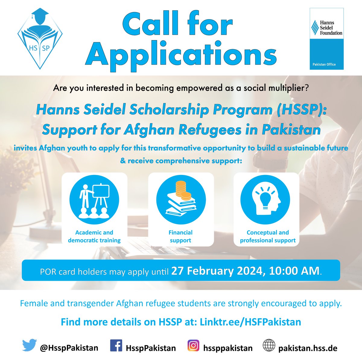 📢#Afghan university students in #Pakistan!
Want to boost your academic, professional &amp; entrepreneurial skills?
If you have:
✓ a POR card 
✓ excellent academic achievement 
✓ a passion for community service 
Apply by 27 Feb 2024, 10:00 AM

Details: pakistan.hss.de/scholarships-1…