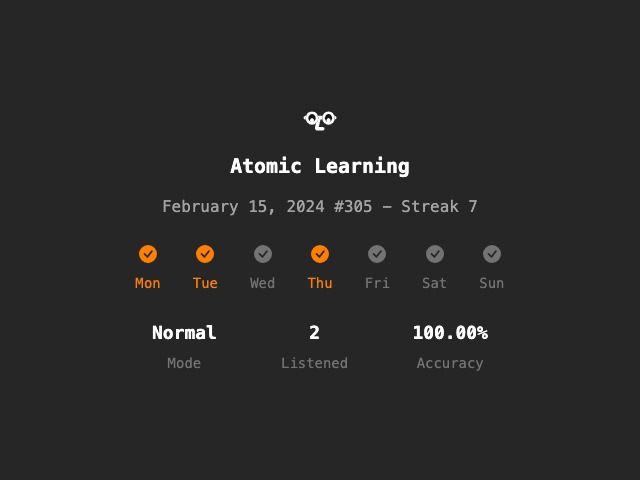 charles830918's tweet photo. Atomic Learning #305 - Streak 7
Normal✨/2 Listened/100.00% Accuracy
https://t.co/UCVIkartnJ
@atomiclearning_ #AtomicLearning #langtwt https://t.co/DUL3eFv5Vw