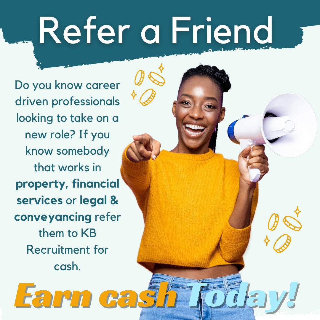 Elevate a friend's career and earn cash!    Know a career-driven pro in property, finance, or legal &amp; conveyancing? Refer them to KB Recruitment and score £100! 💷  

Visit our website for more info (kb-recruitment.co.uk/referrals/)    

#CareerOpportunity #KBRecruitment #ReferAndEarn