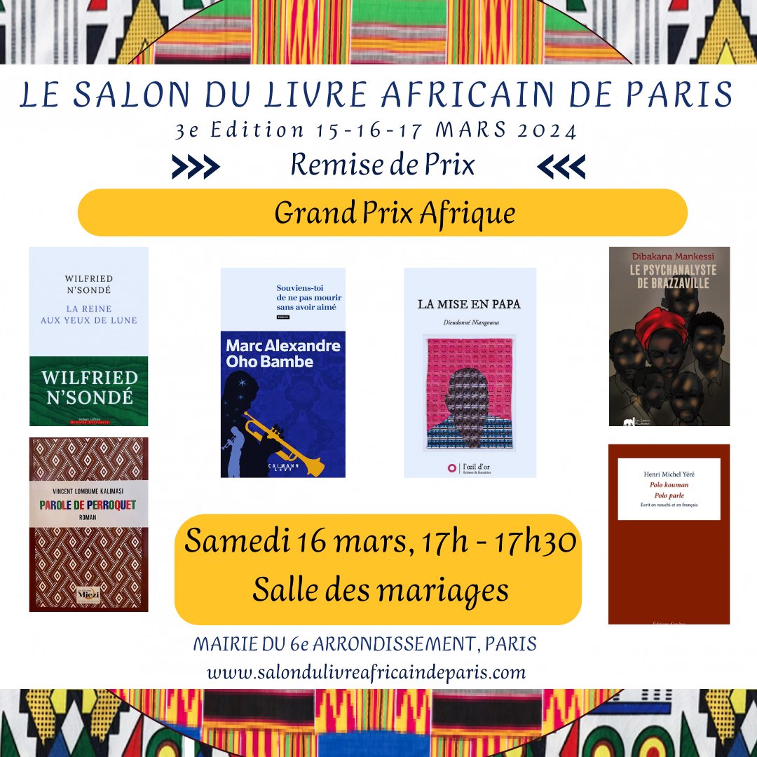 Cher·re·s ami·e·s ! L'heure est à l'annonce d'une remise de prix, et pas des moindres : celle du Grand Prix Afrique, organisé par l'ADELF depuis plus de 60 ans ! 🎉🏅

Plus d'informations sur notre site internet : salondulivreafricaindeparis.com/grand-prix-afr…

#prix #littérature #Afrique #livre