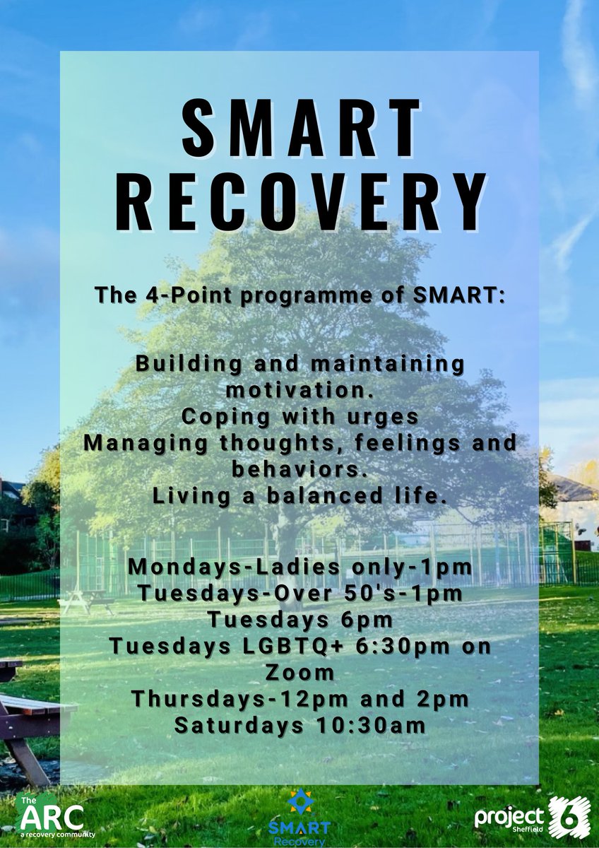 @UKSMARTofficial weekly support groups @Project6_ #Sheffield Monday Ladies only 1pm Tuesday Over 50's 1pm Tuesday evening 6pm Tuesday #LGBTQIA 6pm on Zoom Thursday 12pm and 2pm Saturday 10:30am Helping you to achieve recovery and lead meaningful and satisfying lives #recovery