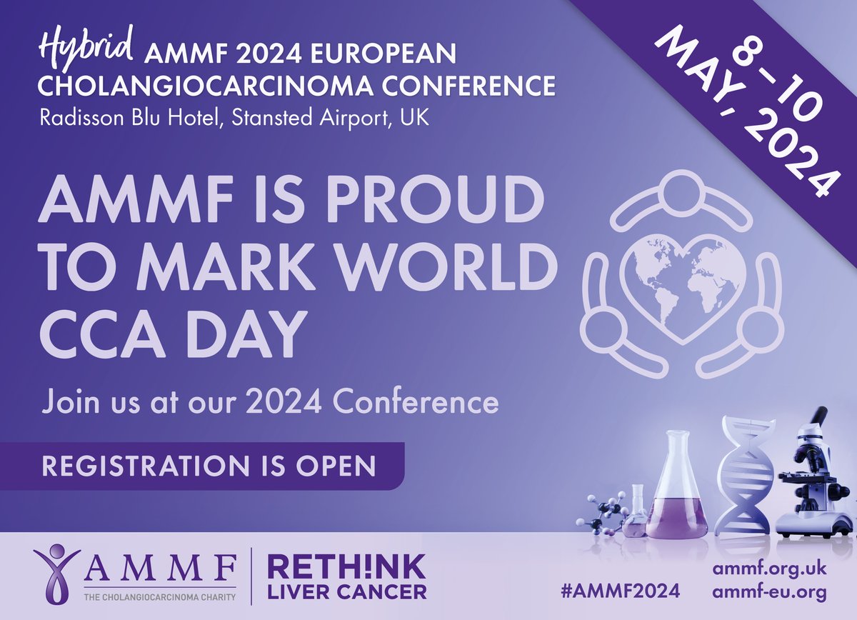 CharityAMMF's tweet image. #AMMF is proud to mark this year’s World CCA Day. Join us to hear about the latest advances in CCA research, diagnosis, healthcare and more at AMMF’s Hybrid 2024 European #Cholangiocarcinoma Conference in London.

Register today: ammf.org.uk/ammf-conferenc…

#WorldCCADay