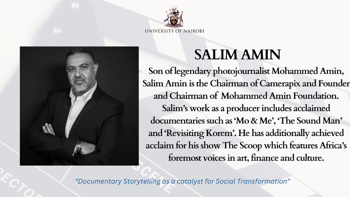 Salim Amin is Son of legendary photojournalist Mohammed Amin. He is the Chairman of Camerapix. Salim's work as a producer include acclaimed documentaries such as  "Mo &amp; Me", "The Sound Man" and Revisiting Korem.
#StoriesThatMove #SOJClassOf2024 #weareuon