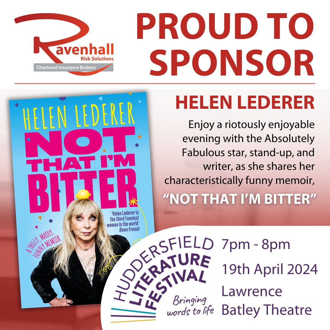 RavenhallGroup's tweet photo. Ravenhall Risk Solutions are delighted to be supporting @Hudd_Lit_Fest once again, this year sponsoring Award Winning poet and author, Helen Lederer.

if you'd like to attend, you can reserve your place via the #HuddersfieldLiteratureFestival website - https://t.co/r0zjbJLwvE https://t.co/5PIxCiomlC