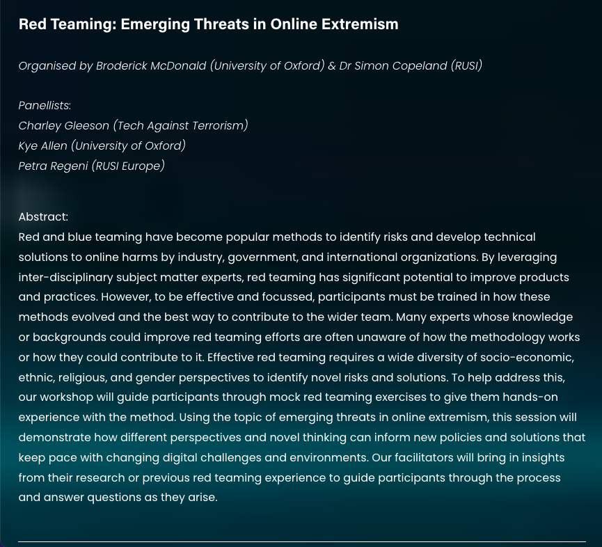 Excited to share our upcoming workshop on red-teaming with Simon Copeland, Charley Gleeson (@techvsterrorism), @KyeJAllen (@OxfordDELab), @PetraRegeni (@RUSI_org) at the @CYTREC_ Terrorism and Social Media Conference in June! Register here: tasmconf.com/registration