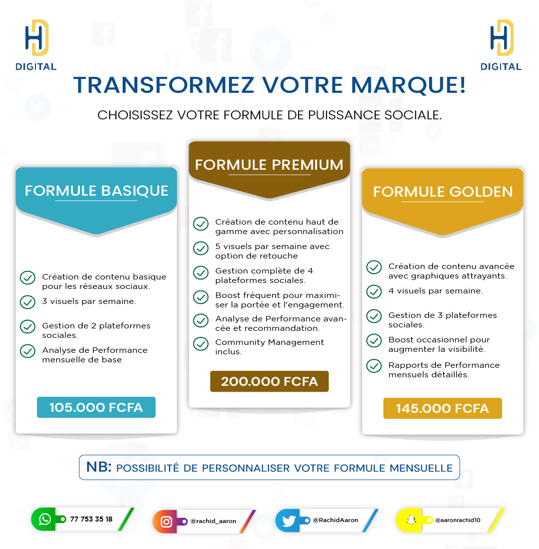 Gayi je lance un business diaplén sii🚨🚨 Vous cherchez à propulser votre marque sur les réseaux sociaux? Découvrez nos nouvelles formules de gestion de réseaux sociaux: Standard, Gold et Premium. De la création de contenu à l'analyse avancée, chaque formule offre une solution