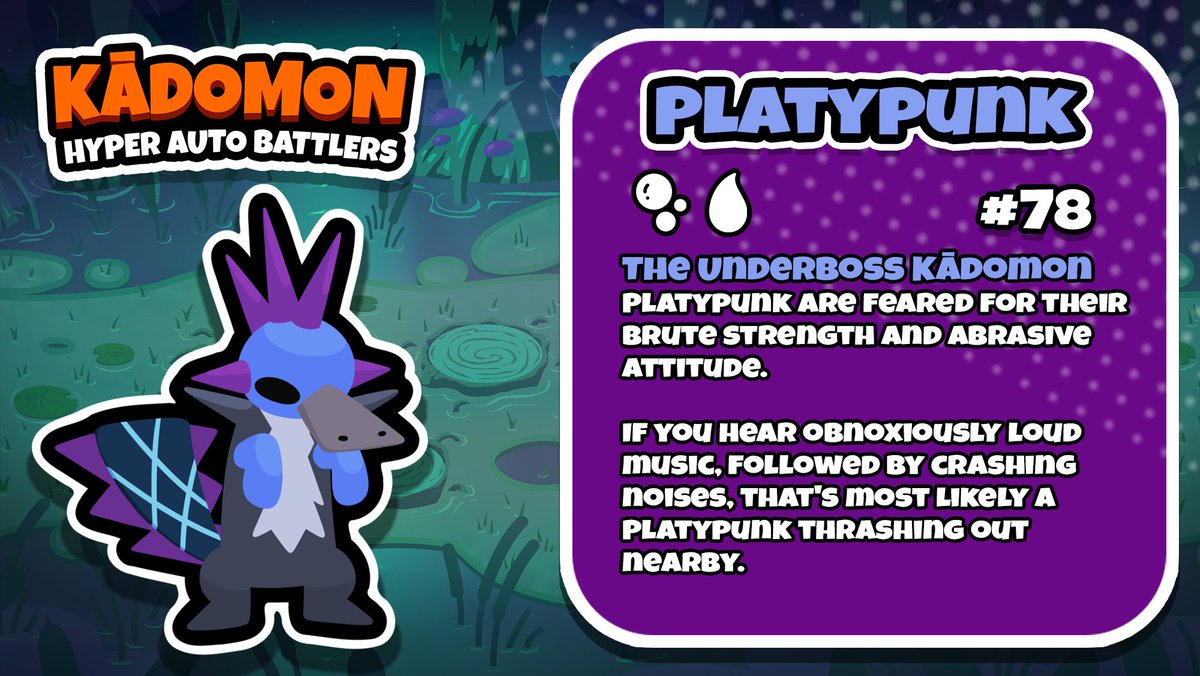 KadomonGame's tweet photo. #78 - Platypunk  🟣💧

Poison/Water type. Resembles a platypus with a little attitude.   

200+ Kādomon will be playable for our Early Access launch on Steam! 👀

#fakemon #pokeart #indiedev #indiegame https://t.co/3eZKg3NuYc