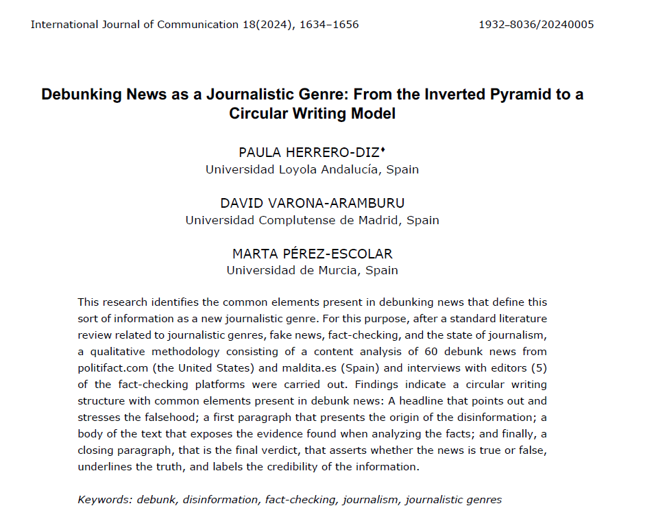 Davarona's tweet image. El @IJoC_USC (Clarivate JCR) publica este artículo en el que @paulaherrerodiz, Marta Pérez Escolar y yo proponemos que el #desmentido o #debunking de #desinformación se considere ya un nuevo género periodístico. ¡Puntazo! Gracias, Paula, por el tesón!!
ijoc.org/index.php/ijoc…