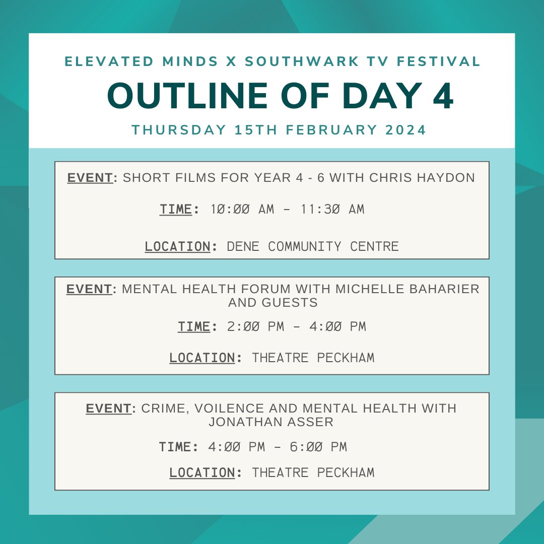 The Southwark TV Festival! Here is the list of all events going on today 💌 To attend, please email festival organizer Chris Haydon - chris@communitytvtrust.org. We can't wait to see you there! ✨