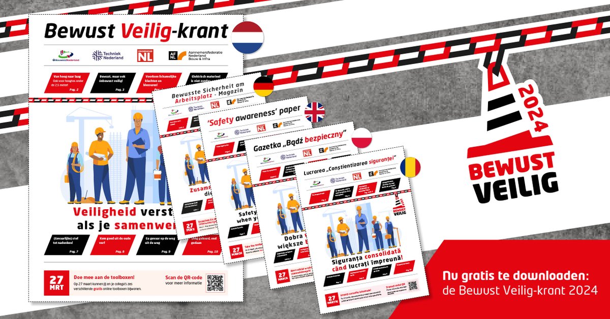 𝗡𝘂 𝗴𝗿𝗮𝘁𝗶𝘀 𝗱𝗼𝘄𝗻𝗹𝗼𝗮𝗱𝗲𝗻: 𝗱𝗲 𝗕𝗲𝘄𝘂𝘀𝘁 𝗩𝗲𝗶𝗹𝗶𝗴-𝗸𝗿𝗮𝗻𝘁 𝟮𝟬𝟮𝟰! 

In acht artikelen leest jouw personeel over de potentiële gevaren en mogelijke maatregelen bij hun werk. Download de krant op bewustveilig.com/krant/! 🗞
