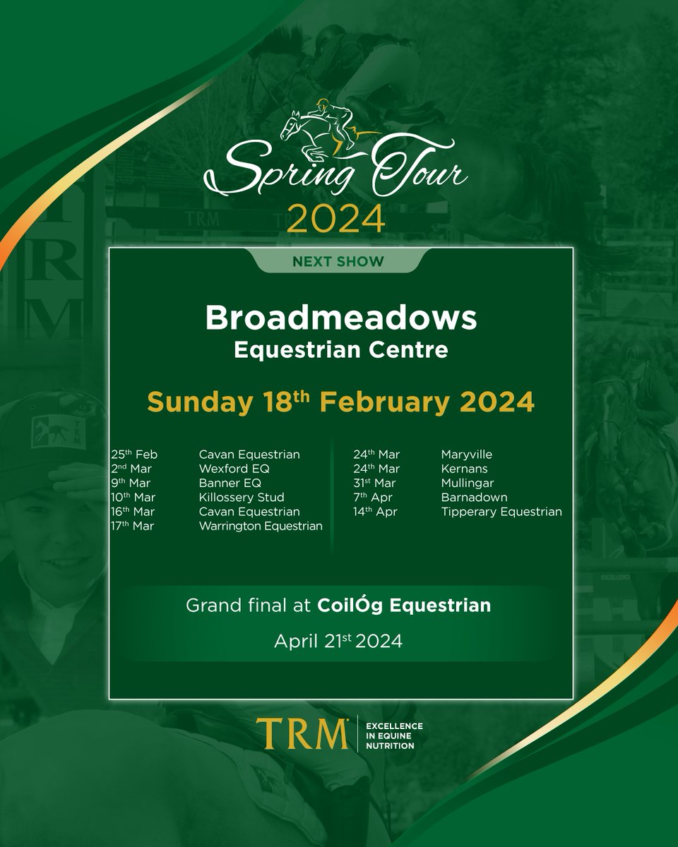 🏅🇮🇪☘️ Entries are open for Sundays' round of the 2024 𝗧𝗥𝗠® | SJC Spring Tour Broadmeadow Equestrian Centre 📍 Entries: sjilive.ie/entries/122036… 𝗧𝗥𝗠® 𝗰𝗼𝗻𝘁𝗶𝗻𝘂𝗲 𝘁𝗼 𝘀𝘂𝗽𝗽𝗼𝗿𝘁 𝘁𝗵𝗲 𝗜𝗿𝗶𝘀𝗵 𝗘𝗾𝘂𝗶𝗻𝗲 𝗜𝗻𝗱𝘂𝘀𝘁𝗿𝘆