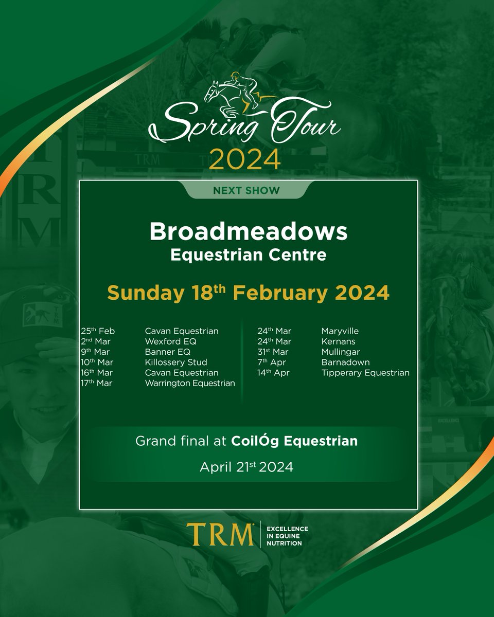 TRMยฎ Nutrition | Equine Health (@trmnutrition) on Twitter photo ๐
๐ฎ๐ชโ๏ธ Entries are open for Sundays' round of the 2024 ๐ง๐ฅ๐ ยฎ | SJC Spring Tour Broadmeadow Equestrian Centre
๐ Entries: sjilive.ie/entries/122036โฆ
๐ง๐ฅ๐ ยฎ ๐ฐ๐ผ๐ป๐๐ถ๐ป๐๐ฒ ๐๐ผ ๐๐๐ฝ๐ฝ๐ผ๐ฟ๐ ๐๐ต๐ฒ ๐๐ฟ๐ถ๐๐ต ๐๐พ๐๐ถ๐ป๐ฒ ๐๐ป๐ฑ๐๐๐๐ฟ๐ ๐
๐ฎ๐ชโ๏ธ Entries are open for Sundays' round of the 2024 ๐ง๐ฅ๐ ยฎ | SJC Spring Tour Broadmeadow Equestrian Centre
๐ Entries: sjilive.ie/entries/122036โฆ
๐ง๐ฅ๐ ยฎ ๐ฐ๐ผ๐ป๐๐ถ๐ป๐๐ฒ ๐๐ผ ๐๐๐ฝ๐ฝ๐ผ๐ฟ๐ ๐๐ต๐ฒ ๐๐ฟ๐ถ๐๐ต ๐๐พ๐๐ถ๐ป๐ฒ ๐๐ป๐ฑ๐๐๐๐ฟ๐