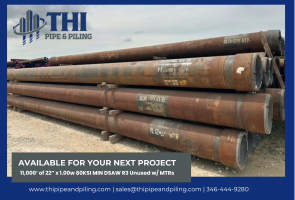 buckmag's tweet photo. 22" x 1.00w Unused w/ MTRs in stock With a vast inventory of over 40,000 tons, we offer a wide range of high-quality materials from 2 ⅜” to 36”. From new w/ MTRs to new mill secondary and surplus, they've got your next project covered.
Credit: @THIpipepiling 
#PileBuck https://t.co/N11OZTOHty
