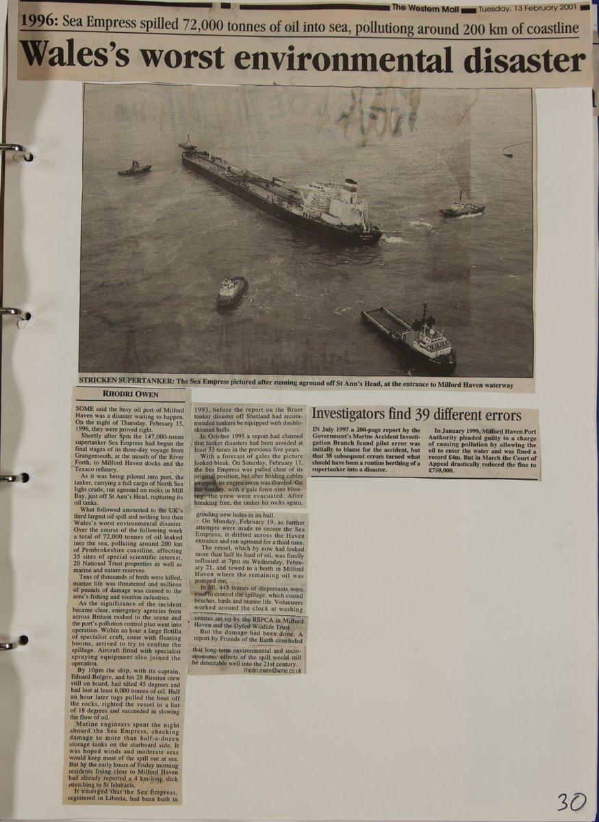 On this day in 1996 the Milford Haven oil disaster began. An oil tanker ran aground and leaked oil into the sea, eventually affecting around 200km of coastline. This event is in living memory, and documents like these held by @PembsArchives will enable it to not be forgotten.