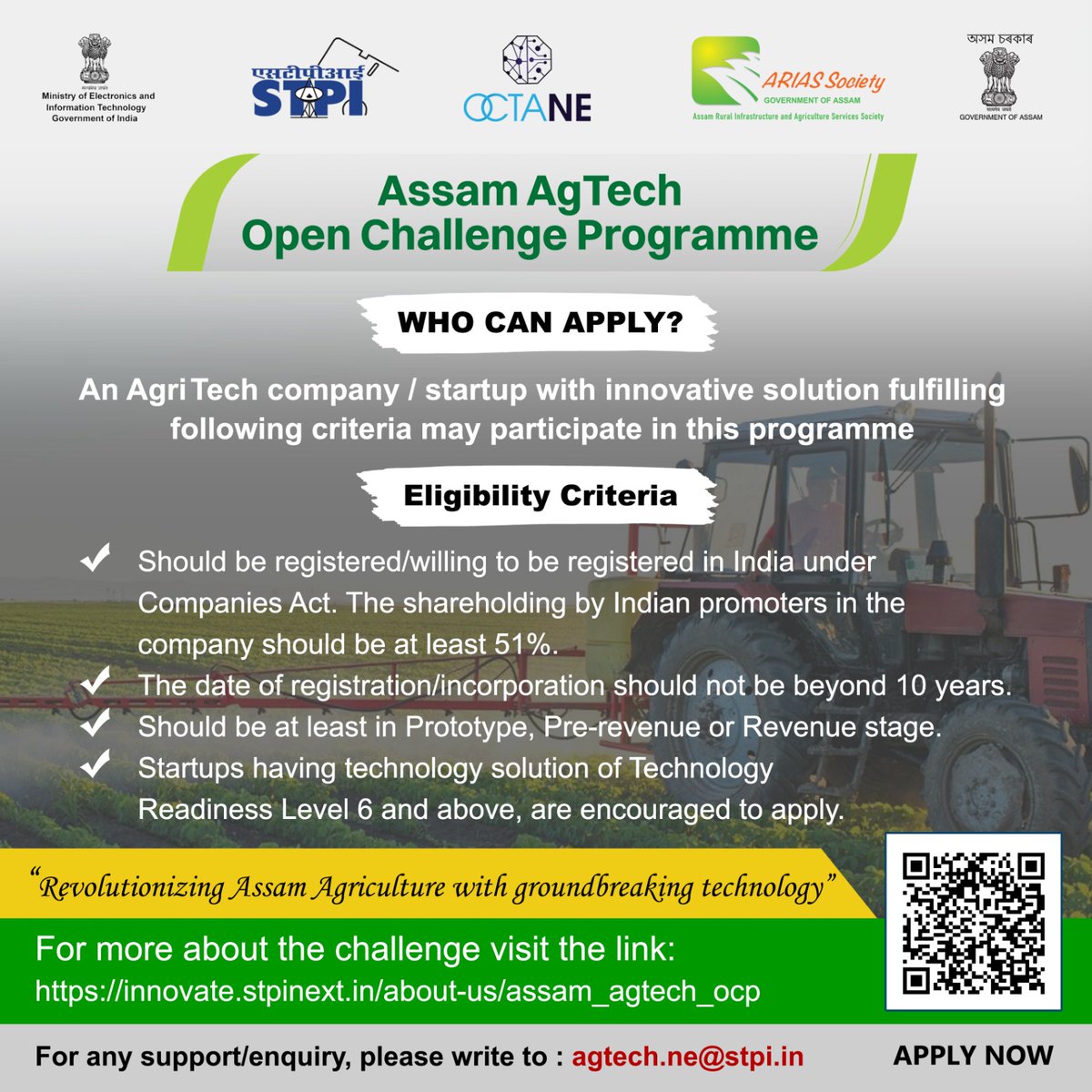 stpiguwahati's tweet photo. All #AgriTechStartups with proven #technology solution in #AgriInnovation, here is your opportunity. #AssamAgTechOCP is now open for participation!
Apply Now at https://t.co/MotKEYPEYM https://t.co/yvuALWrGIB
