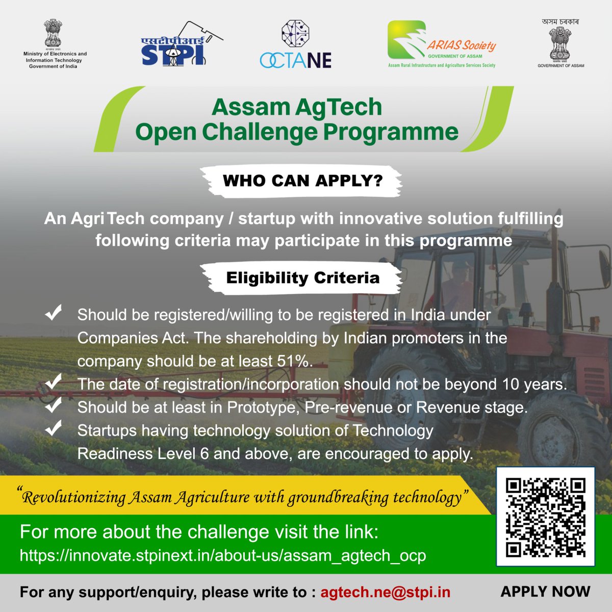 All #AgriTechStartups with proven #technology solution in #AgriInnovation, here is your opportunity. #AssamAgTechOCP is now open for participation!
Apply Now at innovate.stpinext.in/about-us/assam…