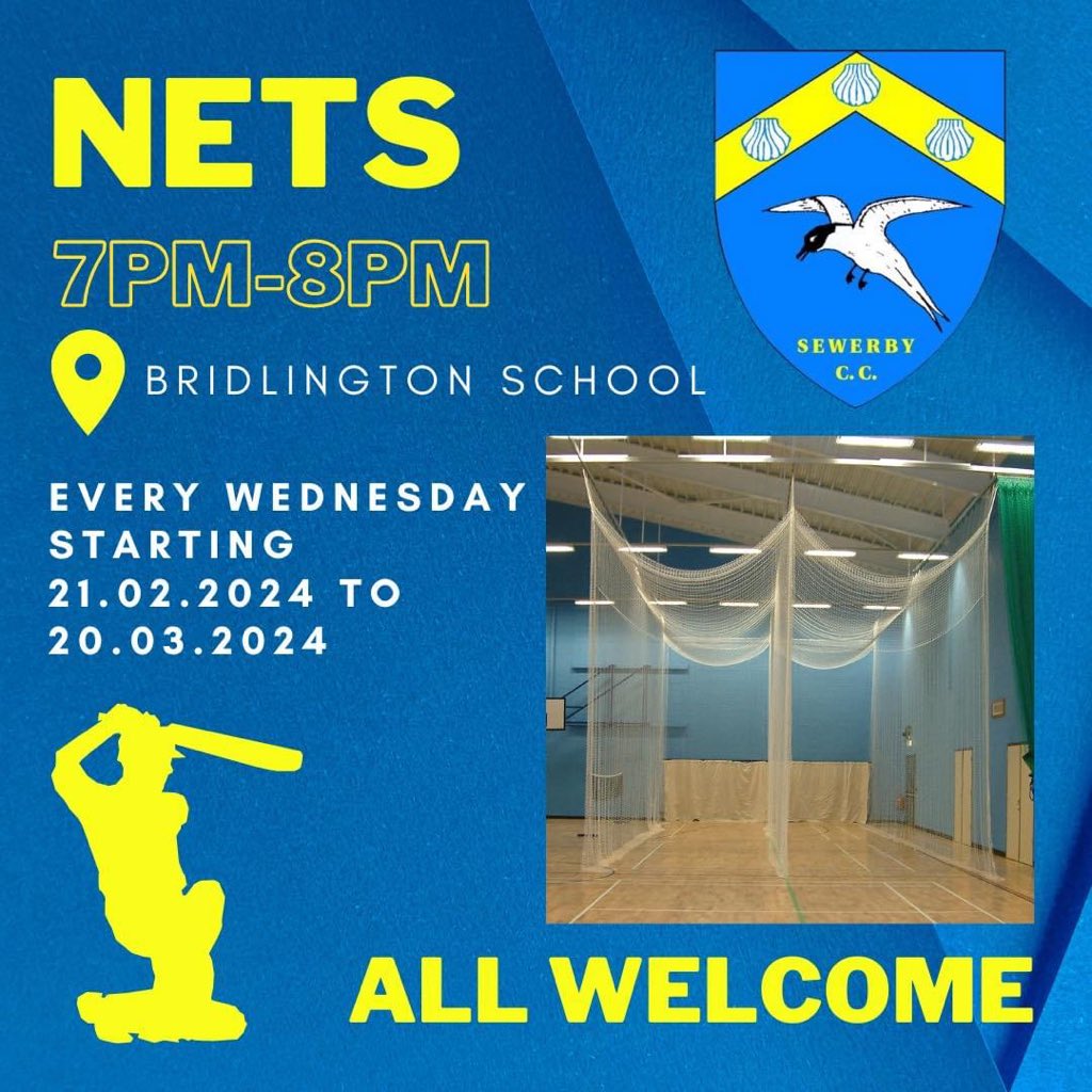 Sewerby CC will be starting our indoor winter nets next week on Wednesday the 21st February and will run every Wednesday for 5 weeks until the 20th March. 

Bridlington School, 7pm - 8pm 

New and old players all welcome!