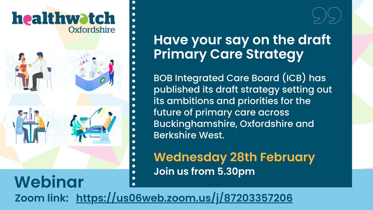 Come to our webinar from from 5.30pm on Wednesday 28th February to ask questions and have your say on the new draft Primary Care Strategy from NHS Buckinghamshire, Oxfordshire and Berkshire West Integrated Care Board. For more details and a link to join: healthwatchoxfordshire.co.uk/news/healthwat…