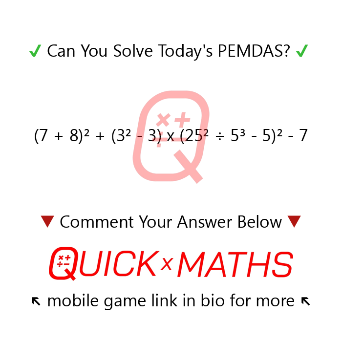QuickMathDaily's tweet photo. Quick! Can You Solve? 🧠
We’ll reply with the correct answer before tomorrow's! ✅
If you like this Problem, but want more of a Challenge - Go Test Your Skills in Daily Quick Math Games via our app 📲🆚🏆↖️ #PEMDAS #mathquiz #mathproblem #mathgame #mathtest #mathapp #brainquiz https://t.co/wOjAssEasK