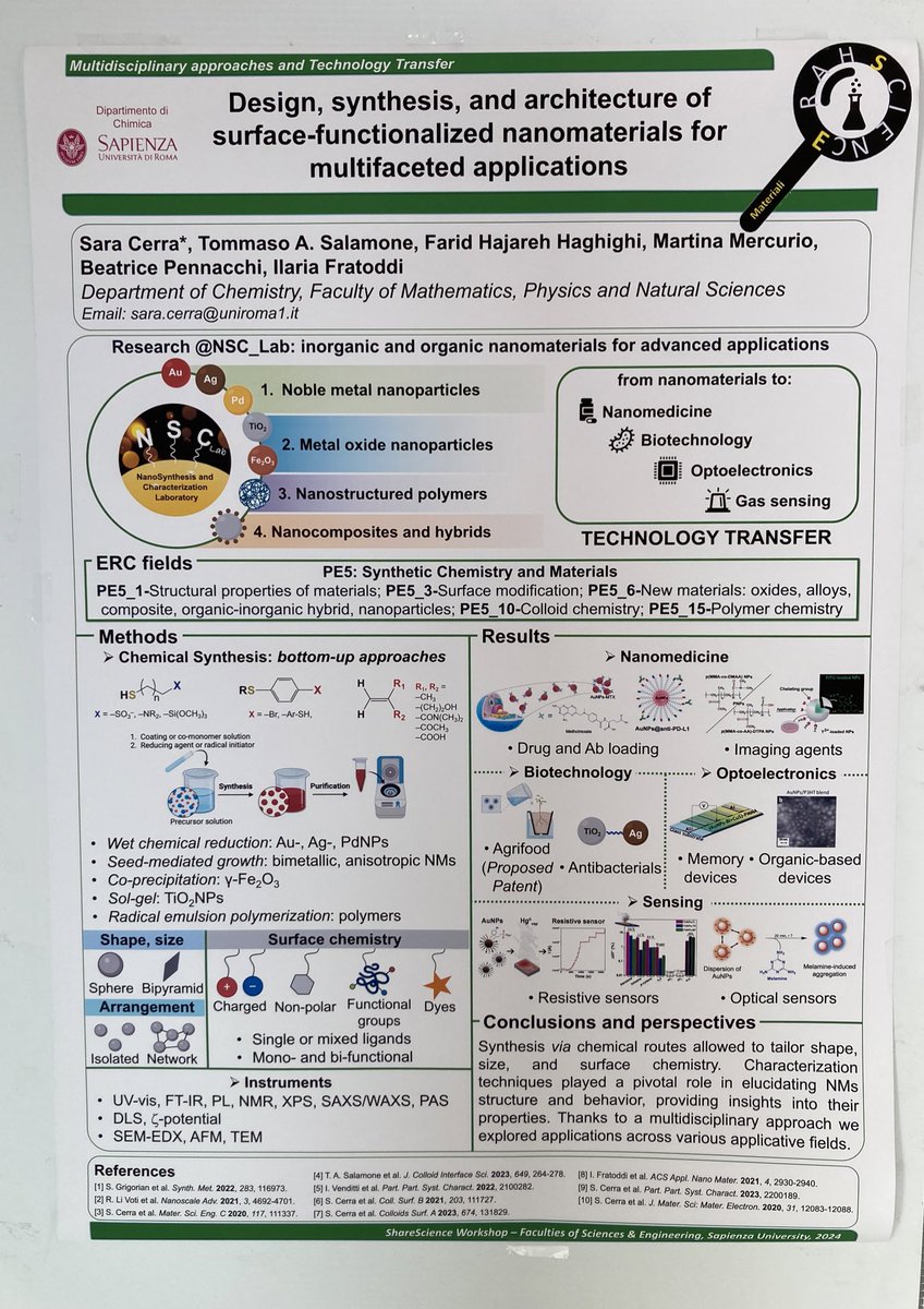 Everything is ready! Happy to share our research activity at the multidisciplinary #ShareScience2024 Workshop organized by Faculties of Sciences and Engineering <a href="/SapienzaRoma/">Sapienza Università di Roma</a> 🤩🤓🧪.

#chemistry #workshop #science #nanomaterials