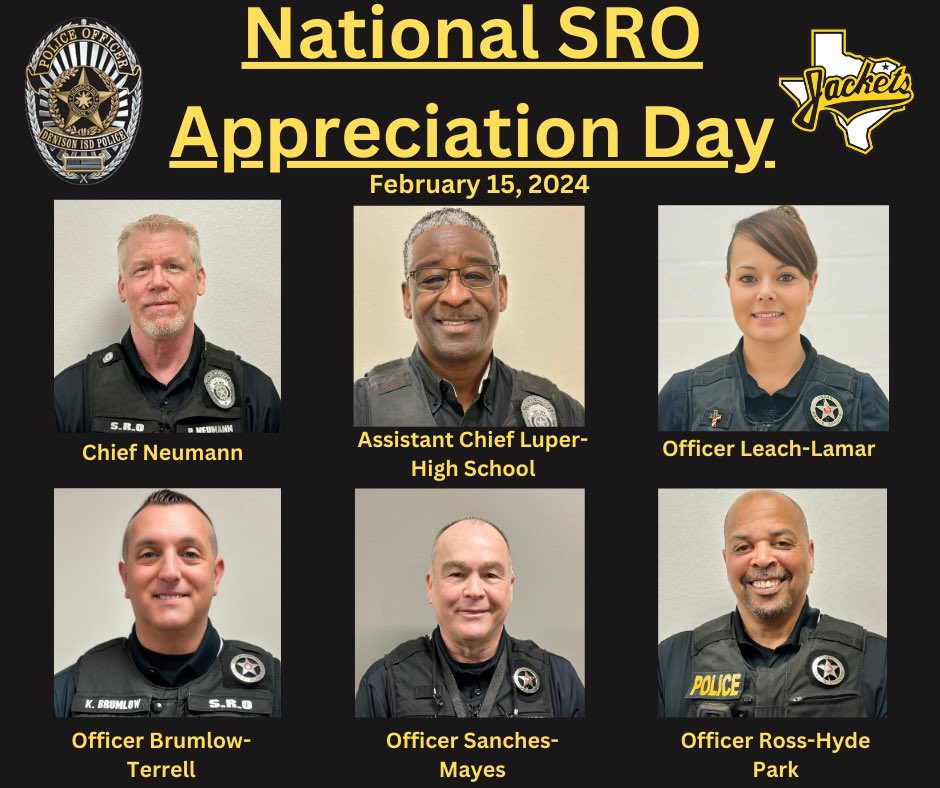 On this #NationalSchoolResourceOfficerAppreciationDay, we want to show our appreciation for the amazing School Resource Officers of the Denison ISD Police Department.  Thanks for a job well done!