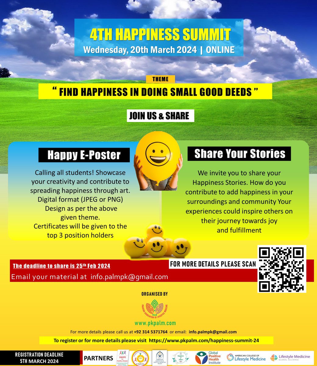 Join us for the 4TH HAPPINESS SUMMIT | 2024. The theme for this year is FIND HAPPINESS IN DOING SMALL GOOD DEEDS. You will also have the opportunity to participate as well. To register please visit us at pkpalm.com/happiness-summ…