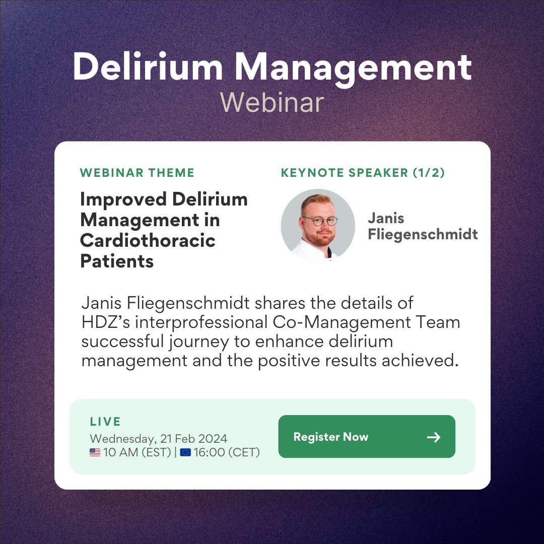 🧠 For additional details and to register, visit: us.prolira.com/webinar-improv… 
We are pleased to have Janis Fliegenschmidt as one of the two speakers. 

Keywords: #Delirium, Patient Outcomes, Length of Stay

#AcuteEncephalopathy #AcuteBrainFailure #CardiacSurgery #Cardiothoracic