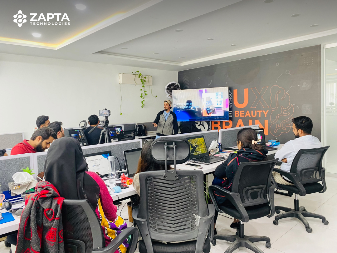 zaptatech's tweet photo. At ZAPTA Technologies, Wisdom Wednesday explored Prototyping and Animation with Figma, empowering designers to create immersive experiences. Led by Arslan Zubair, participants delved into Figma's tools, mastering prototyping and animation for impactful design.✨ https://t.co/qgpKiOg69D