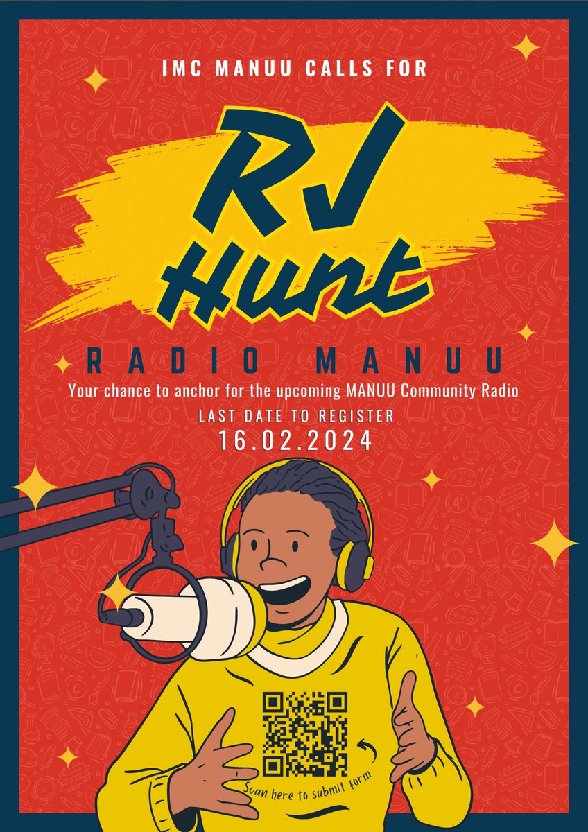 imcmanuu's tweet photo. 📻 Exciting opportunity alert! 
🎙️ Join the MANUU Community Radio family as an RJ! Show off your skills and be the voice of our diverse community. Click on the form below⤵️
https://t.co/MT9DPMJbXE

@officialmanuu @rikkykhan
 #RJHunt #RadioMANUU #CommunityRadio https://t.co/sNV4awtsSW