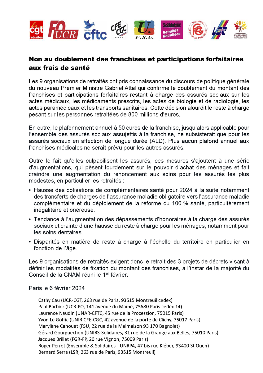 UNRPA's tweet photo. Non au doublement des franchises et participations forfaitaires aux frais de santé.
Communiqué commun de 9 associations et syndicats de retraités (G9) dont E&amp;S-#UNRPA.
➡️https://t.co/CFBmtqgFNn
#FranchisesMédicales #retraites⤵️ https://t.co/qMkViV0C68