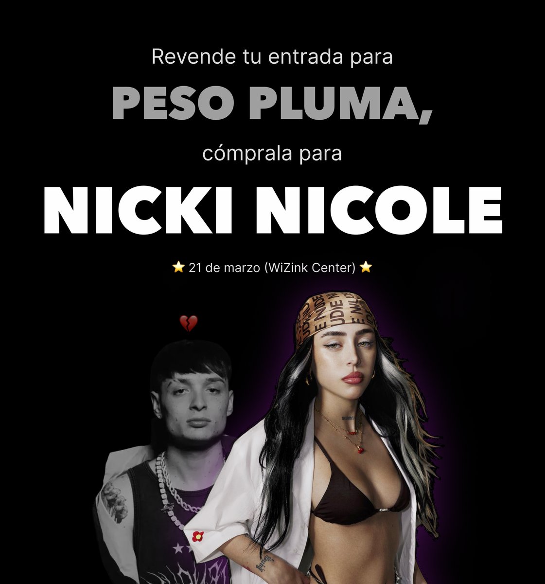 🎟️ Consigue entradas de reventa para Nicki Nicole el 21 de marzo en el WiZink Center

🎫 La única plataforma de reventa de entradas oficial, segura y legal en España.

⭐️ Vende tu entrada si no puedes acudir a un evento

⭐️ Compra tu entrada de forma segura de otros usuarios

🔐