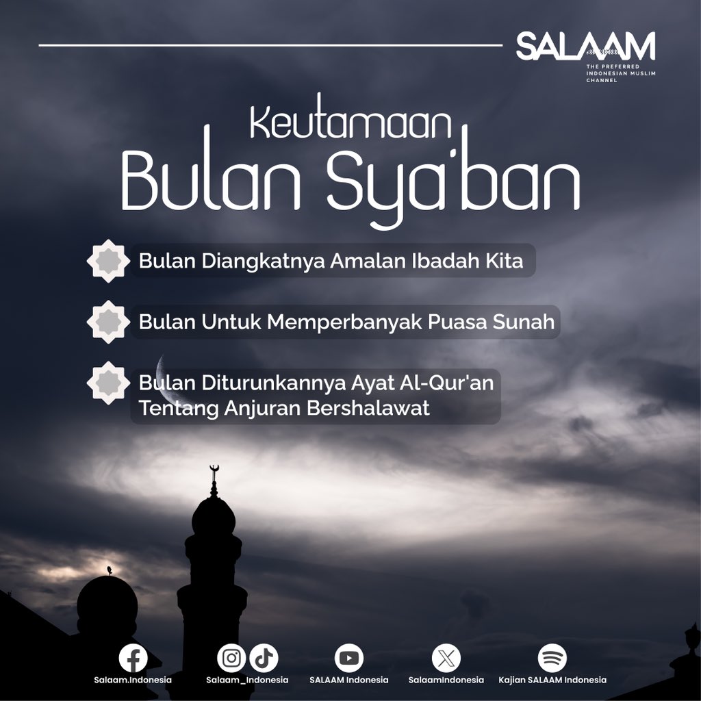 SalaamIndonesia's tweet image. Masya Allah, bulan Ramadhan semakin dekat! Seperti yang kita ketahui, sebelum Ramadhan kita dihadapkan kepada bulan Sya'ban yang memiliki berbagai keistimewaan.

Semoga kita semua bisa menggunakan waktu dengan sebaik-baiknya. Amin ✨

#salaamindonesia #syaban #bulansyaban