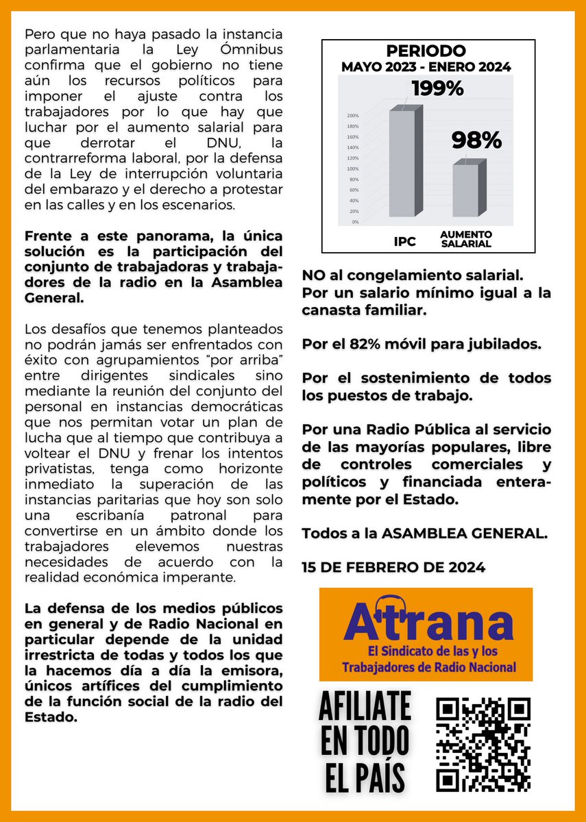 📌 Comunicado para leer completo, en el siguiente link: facebook.com/atranasindicat…

#AbajoLaLeyOmnibus #AbajoelDNU #RadioNacional #MediosPublicos #UnidadDeLosTrabajadores #DefendamosLosMediosPublicos #inflación #Salario #Paritarias #radiodifusión #NacionalNoSeToca