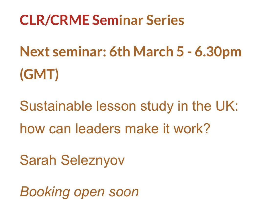 Collab_LR's tweet image. Save the date for our next online seminar on 6th March 1700-1830. Looking forward to hearing from @sarahseleznyov on Sustaining Lesson Study in the UK @WALessonStudy @LessonStudyEire @LessonStudyNL @lessonstudyuk @geoffwake1 @RuthTrundley @mattlewis73 @Matt_W00df0rd
