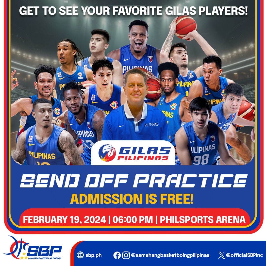 Our Men's Basketball National team is having a send off open practice this Monday, February 19, 2024 at the Philsports Arena. Get the chance to meet your favorite players before they fly to Hong Kong for the FIBA Asia Cup 2025 Qualifiers 1st Window. Admission is FREE!