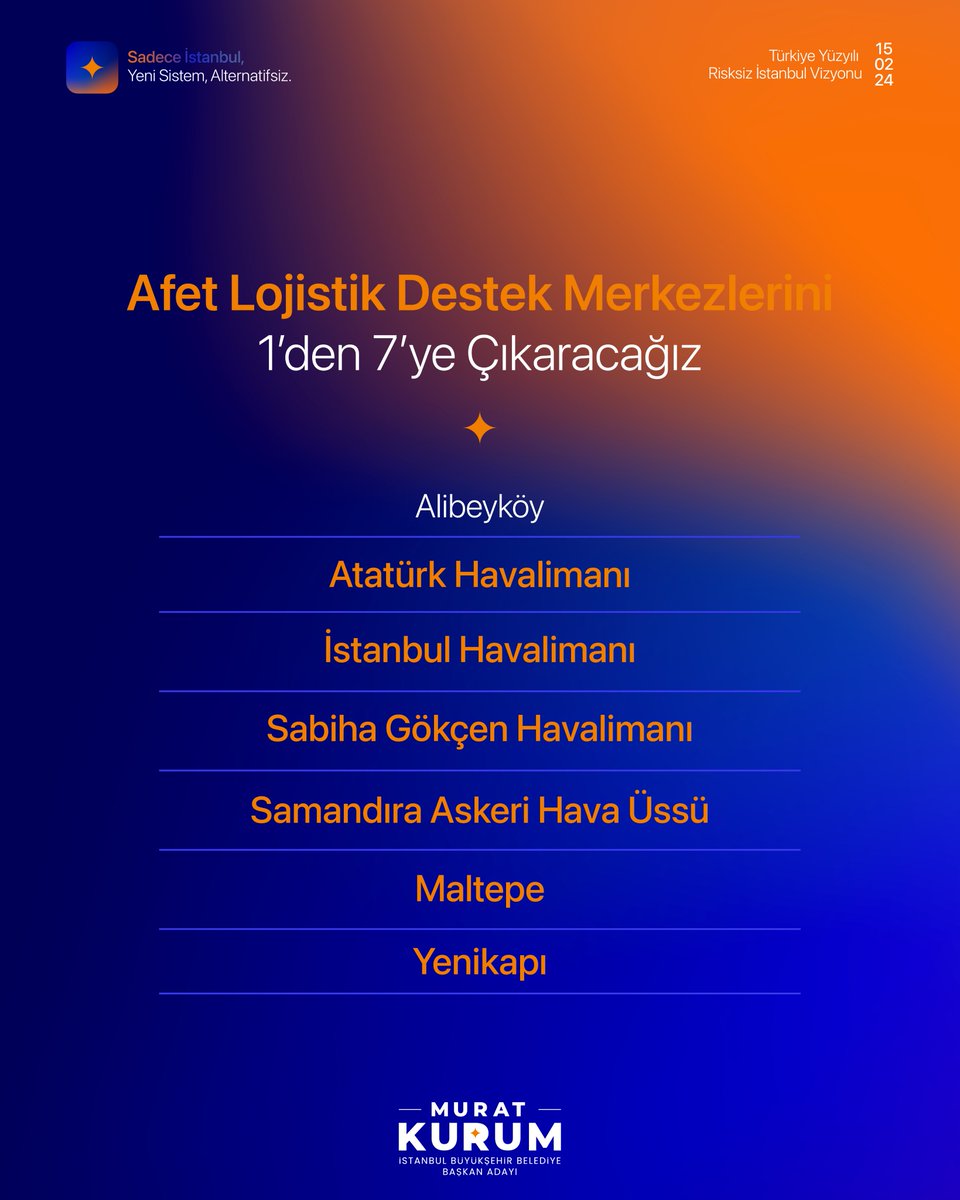 İstanbul’umuzda sayısı 1 olan lojistik destek merkezi sayımıza 6 yeni merkez ekleyeceğiz. Bu Lojistik destek merkezleri, afet anında önemli bir rol oynayacak.