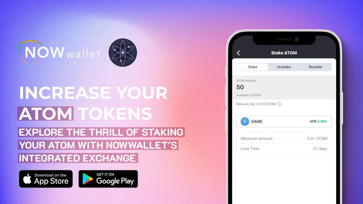 📱In #NOWWallet you can #staking of @cosmos directly from the NOWWallet app and get rewards! 💰Don't miss the opportunity to grow your #cryptocurrency portfolio while keeping your assets safe: now-l.ink/stakingatom