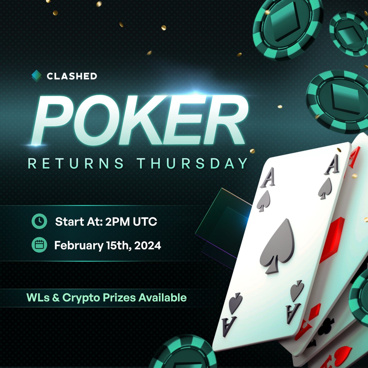 ClashedGame's tweet photo. It's Poker Thursday Clashoors🃏

• Join us now ahead of a 2PM UTC start
• Free entry & everyone is welcome

Prizes:
🥇Guaranteed Collaboration Partner WL
🥈$25
🎁Crypto Prizes & more WL's to random players