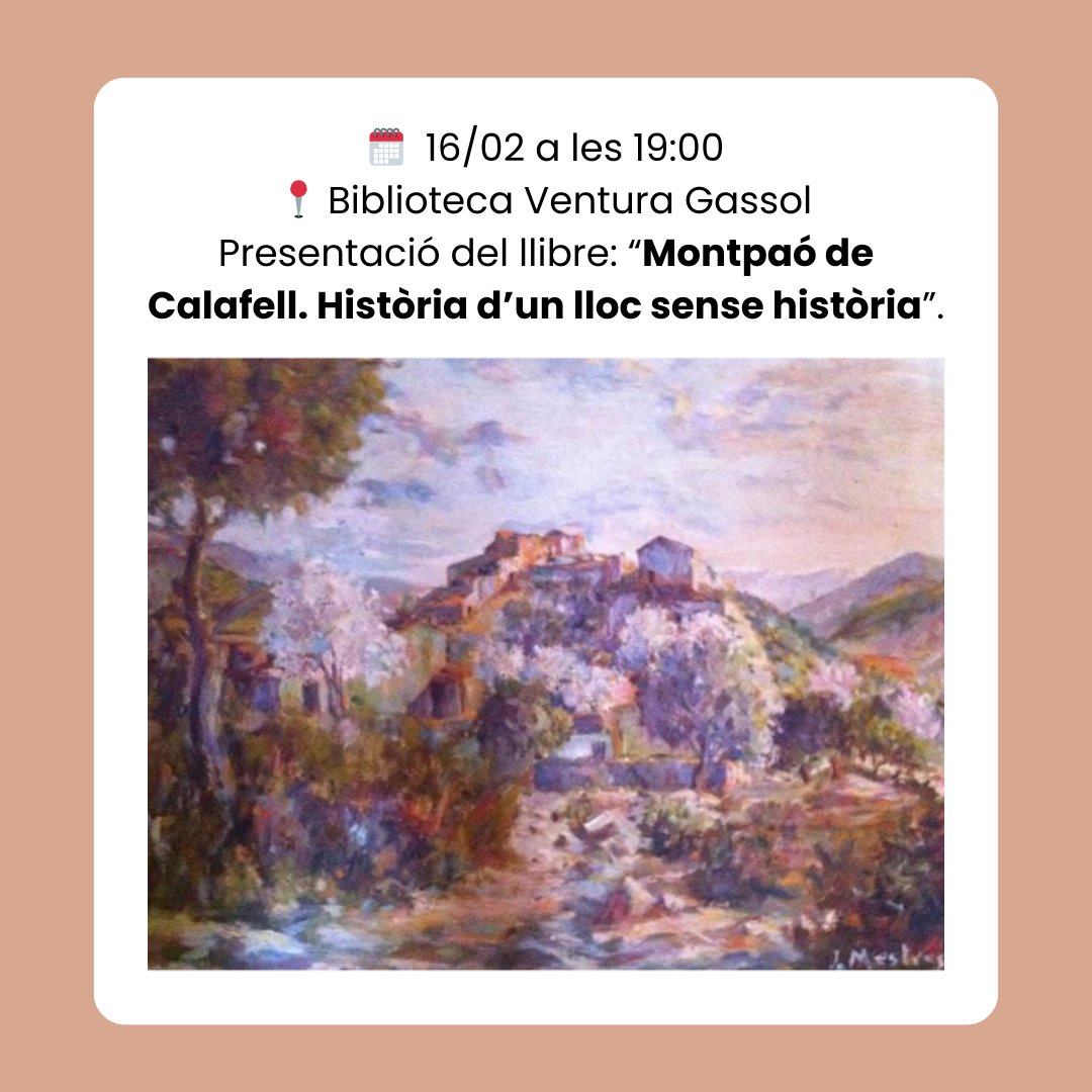 ⚡T'esperem demà ales 19:00 a la <a href="/bibliocalafell/">bibliotequescalafell</a>.⚡ Presentació del llibre: “Montpaó de Calafell. Història d’un lloc sense història”. Montpaó, el despoblat medieval situat entre el terme de Calafell i Bellvei, ara enrunat, conté un ric patrimoni arquitectònic. #Calafell