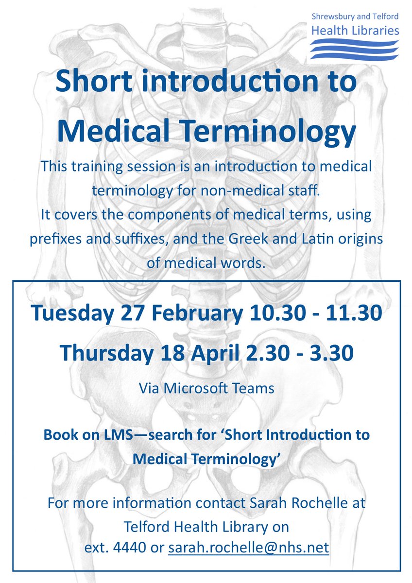 "🩺 Excited to announce our upcoming training session on the essentials of medical terminology! Perfect for anyone looking to navigate the world of healthcare with confidence. Join us for a concise and informative session! #MedicalTerminology #SaTHlibraries #HealthcareTraining"