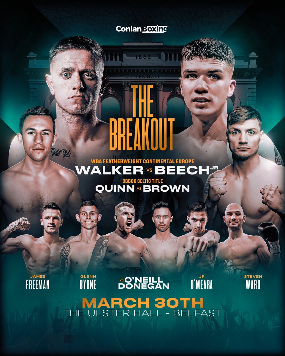 𝑻𝑯𝑬 𝑩𝑹𝑬𝑨𝑲𝑶𝑼𝑻🚨

Kurt Walker headlines his first show in the iconic Ulster Hall as he takes on James Beech Jr for the WBA Continental European Title 🏆 

Also, a stacked undercard!🥊

General sale tickets are on sale Friday at 10AM ⏰ 

🏛️Ulster Hall Belfast 
🗓️March 30