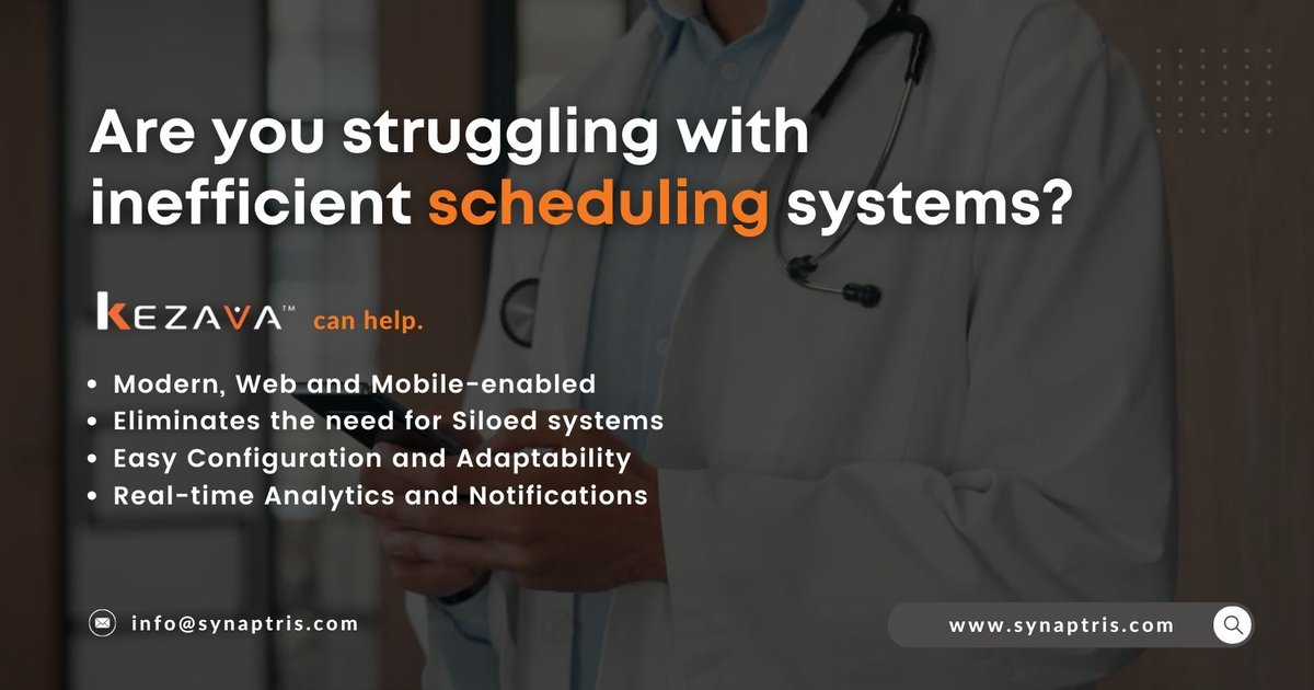 Kezava (@kezavacms) on Twitter photo Say goodbye to scheduling headaches! Kezava offers a solution to your inefficient scheduling systems, streamlining your processes for smoother operations. Discover the difference today.
synaptris.com
info@synaptris.com
#clinicmanagement #automations Say goodbye to scheduling headaches! Kezava offers a solution to your inefficient scheduling systems, streamlining your processes for smoother operations. Discover the difference today.
synaptris.com
info@synaptris.com
#clinicmanagement #automations